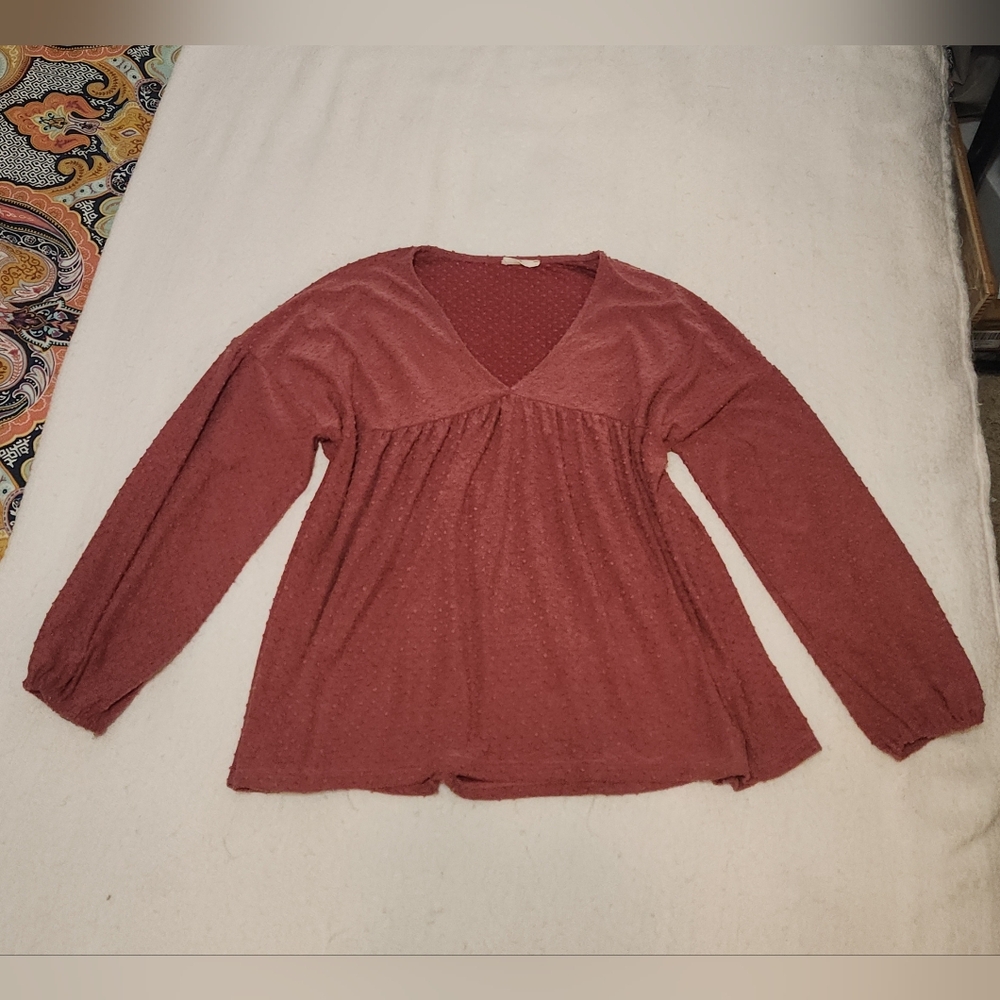 Entro Dot Texture V-neck Balloon Sleeve Flowy Top sz Large